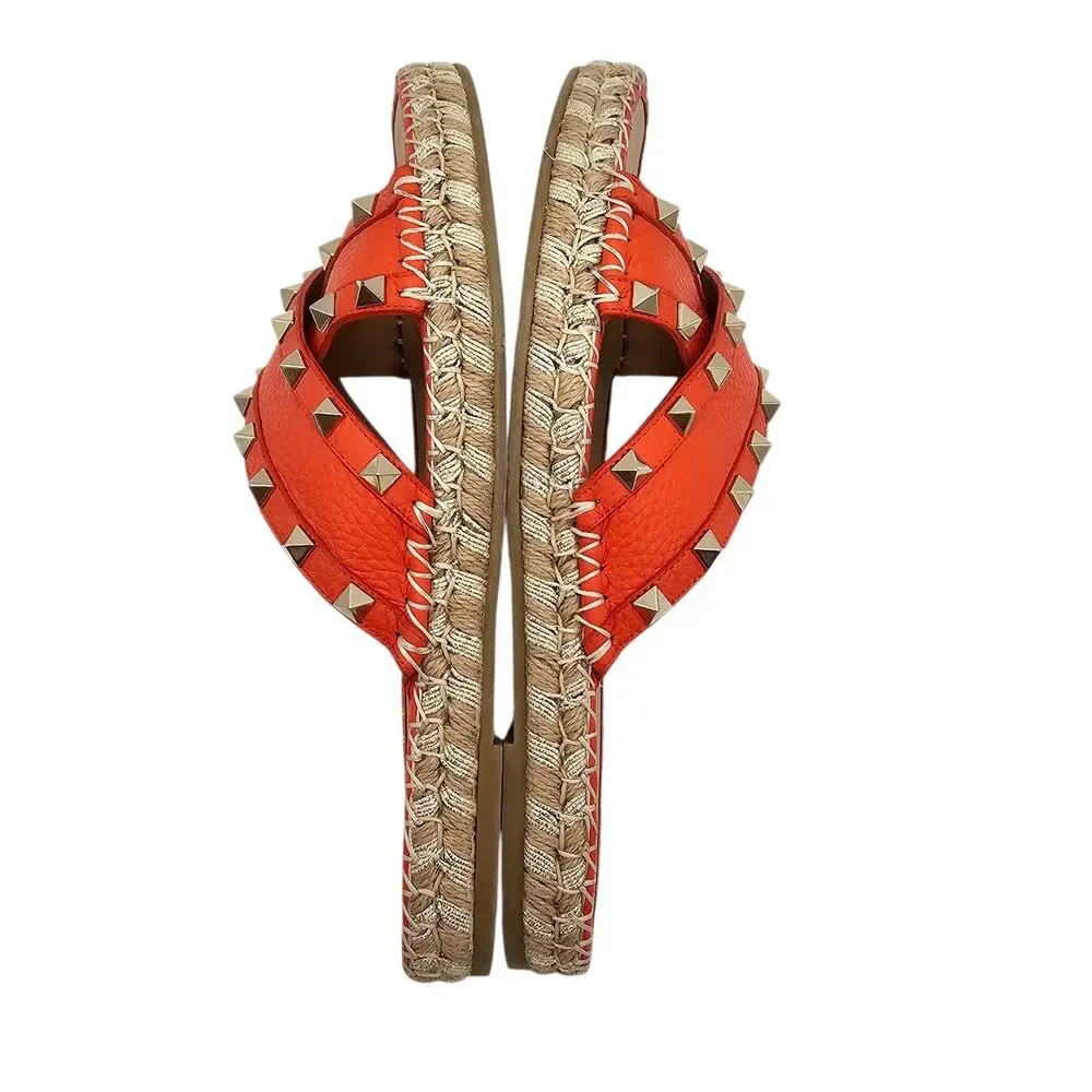 Valentino Garavani Rockstud Flat Slide Espadrille Sandal Orange Size 39 US 9